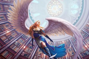 Обои на рабочий стол: ангел, арт, библиотека, девушка, книги, крылья, перья, свод