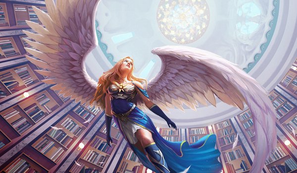 Обои на рабочий стол: ангел, арт, библиотека, девушка, книги, крылья, перья, свод