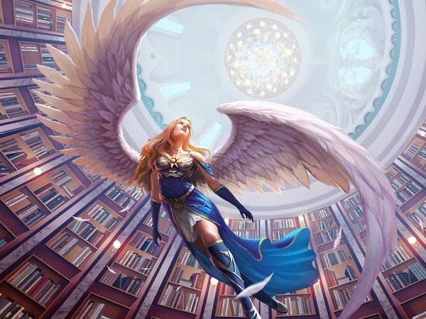 ангел, арт, библиотека, девушка, книги, крылья, перья, свод
