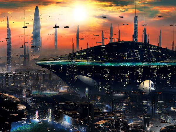 sci, будущее, город, закат, небоскребы