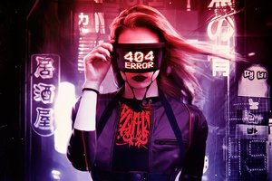 Обои на рабочий стол: advertising lights, android, Cyberpunk 2077, cyborg women, digital art, error 404, fantastic art, gesture, girl, night, portrait, андроид, девушка, жест, Киберпанк 2077, ночь, огни рекламы, ошибка 404, портрет, фантастический арт, цифровое искусство