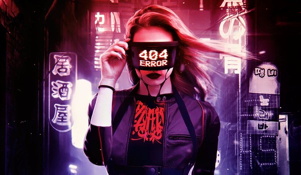 Обои на рабочий стол: advertising lights, android, Cyberpunk 2077, cyborg women, digital art, error 404, fantastic art, gesture, girl, night, portrait, андроид, девушка, жест, Киберпанк 2077, ночь, огни рекламы, ошибка 404, портрет, фантастический арт, цифровое искусство