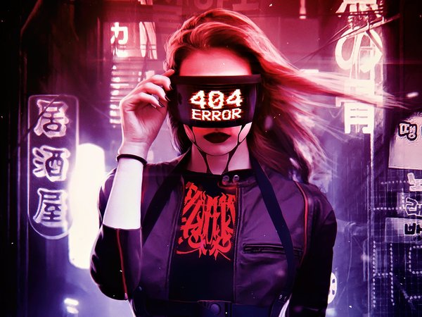 advertising lights, android, Cyberpunk 2077, cyborg women, digital art, error 404, fantastic art, gesture, girl, night, portrait, андроид, девушка, жест, Киберпанк 2077, ночь, огни рекламы, ошибка 404, портрет, фантастический арт, цифровое искусство