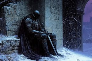 Обои на рабочий стол: Armor, artwork, cape, castle, dark, digital art, fantasy, fantasy art, helmet, Knight, snow, sword, warrior
