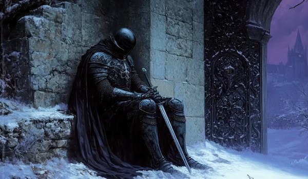 Обои на рабочий стол: Armor, artwork, cape, castle, dark, digital art, fantasy, fantasy art, helmet, Knight, snow, sword, warrior