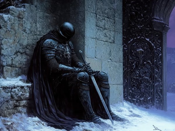 Armor, artwork, cape, castle, dark, digital art, fantasy, fantasy art, helmet, Knight, snow, sword, warrior