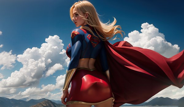 Обои на рабочий стол: beautiful girl, cape, clouds, skirt, standing back, super heroes, Supergirl, голубое небо, красивая девушка, облака, плащ, стоя спиной, супер герои, Супергерл, юбка