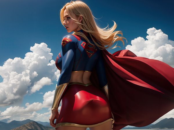 beautiful girl, cape, clouds, skirt, standing back, super heroes, Supergirl, голубое небо, красивая девушка, облака, плащ, стоя спиной, супер герои, Супергерл, юбка