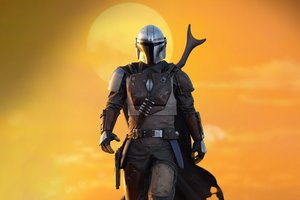 Обои на рабочий стол: fan art, Mandalorian, Star War, желтый фон, зашитный костюм, звездные войны, мужчина, солнце