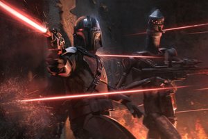 Обои на рабочий стол: Gindraux, Mandalorian, андроид, бластер, вспышки, выстрелы, Мандалорец, перестрелка, стоя у стены, фан арт, фэнтези