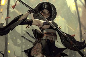 Обои на рабочий стол: artwork, bare shoulders, brunette, digital art, erotic, fantasy, fantasy art, fantasy girl, girl, gloves, hat, illustration, katana, Neor Art, rain, samurai, sunglasses, sword, tattoo, warrior