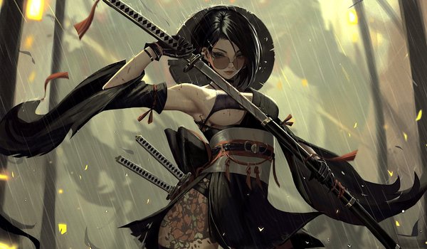 Обои на рабочий стол: artwork, bare shoulders, brunette, digital art, erotic, fantasy, fantasy art, fantasy girl, girl, gloves, hat, illustration, katana, Neor Art, rain, samurai, sunglasses, sword, tattoo, warrior