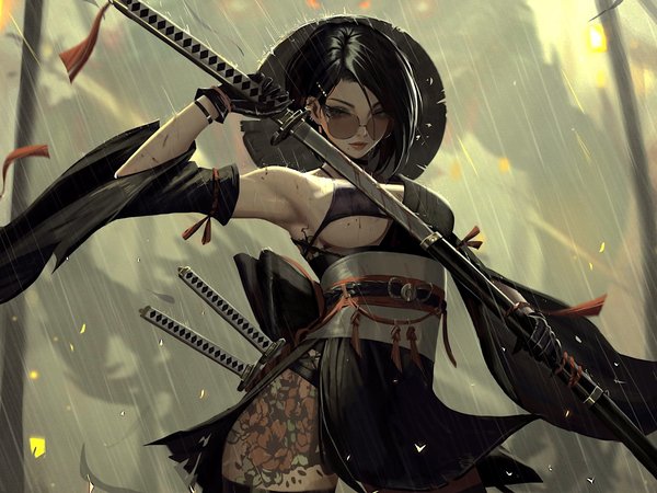 artwork, bare shoulders, brunette, digital art, erotic, fantasy, fantasy art, fantasy girl, girl, gloves, hat, illustration, katana, Neor Art, rain, samurai, sunglasses, sword, tattoo, warrior
