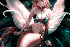 Обои на рабочий стол: artwork, cleavage, collarbone, creature, digital art, fantasy, fantasy art, fantasy girl, girl, heterochromia, horns, illustration, mermaid, Nixeu, red hair