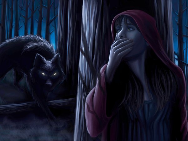Samuel Shin, арт, волк, девушка, иллюстрация, красная шапочка, лес, сказка