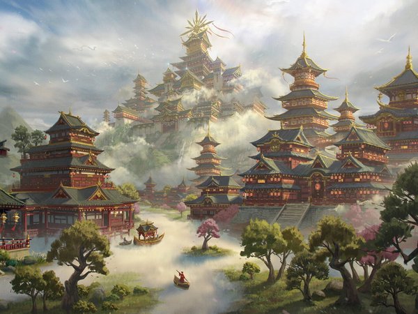 Shusei Sasaya, гармония, горы, деревья, дымка, китайская архитектура, красота, лодка, люди, облака, строения, фэнтези арт, цифровое искусство, Шусей Сасая