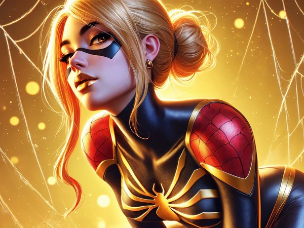 Aurelia, blonde, fantasy girl, fictional character, gwen stacy, hairbun, ketewart, looking at viewer, Spider-Woman, women