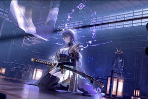 Обои на рабочий стол: Armor, artwork, closed eyes, digital art, fantasy, fantasy art, fantasy girl, girl, katana, kneeling, purple hair, samurai, samurai armor, sword, thigh-highs, Tihaya, warrior, weapons