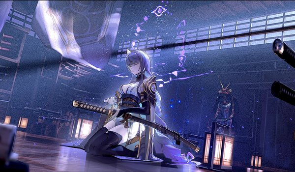 Обои на рабочий стол: Armor, artwork, closed eyes, digital art, fantasy, fantasy art, fantasy girl, girl, katana, kneeling, purple hair, samurai, samurai armor, sword, thigh-highs, Tihaya, warrior, weapons