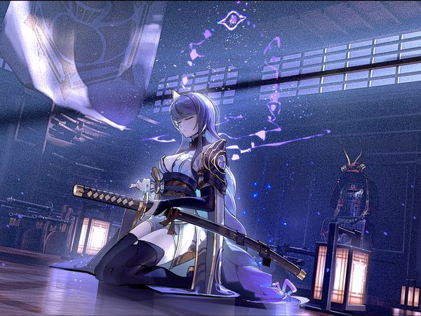 Armor, artwork, closed eyes, digital art, fantasy, fantasy art, fantasy girl, girl, katana, kneeling, purple hair, samurai, samurai armor, sword, thigh-highs, Tihaya, warrior, weapons