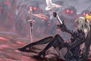 Обои на рабочий стол: artwork, bent legs, blindfold, digital art, dove, fantasy, fantasy art, fantasy girl, girl, Nier, NieR: Automata, rain, robot, sword, thigh-highs, warrior, ZXDDID