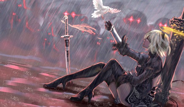 Обои на рабочий стол: artwork, bent legs, blindfold, digital art, dove, fantasy, fantasy art, fantasy girl, girl, Nier, NieR: Automata, rain, robot, sword, thigh-highs, warrior, ZXDDID