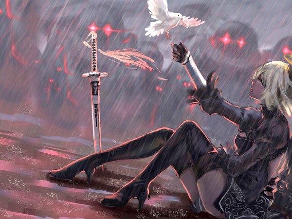 artwork, bent legs, blindfold, digital art, dove, fantasy, fantasy art, fantasy girl, girl, Nier, NieR: Automata, rain, robot, sword, thigh-highs, warrior, ZXDDID