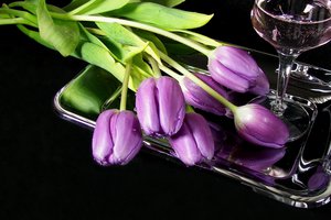 Обои на рабочий стол: бокал, вино, поднос, тюльпаны, цветы
