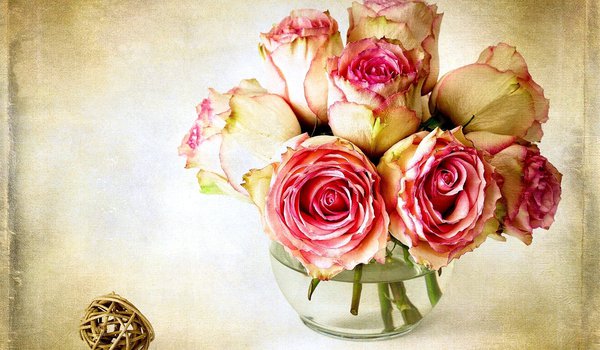 Обои на рабочий стол: flowers, pink, roses, ваза, королева цветов, роза, розовый, розы, цвет, цветок, цветы