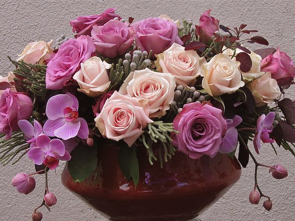 ваза, лиловый, орхидеи, розовый, розы, сиреневый, фиолетовый, цветы