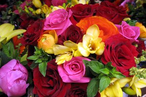 Обои на рабочий стол: букет, красные, оранжевые, розовые, розы, цветок, цветы