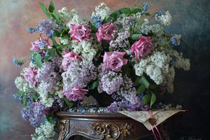 Обои на рабочий стол: Андрей Морозов, букет, розы, сирень, фон