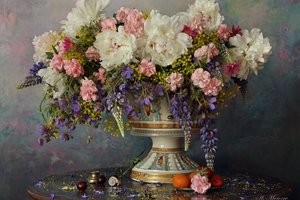 Обои на рабочий стол: Андрей Морозов, букет, ваза, люпины, натюрморт, пионы, стиль, цветы