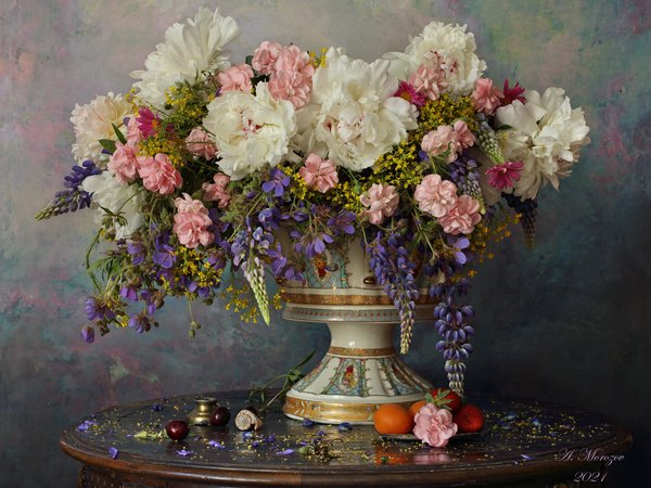 Андрей Морозов, букет, ваза, люпины, натюрморт, пионы, стиль, цветы