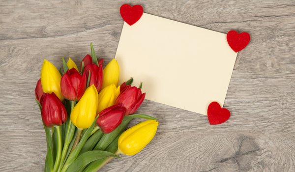Обои на рабочий стол: colorful, flowers, heart, love, romantic, spring, tulips, букет, сердечки, сердце, тюльпаны, цветы