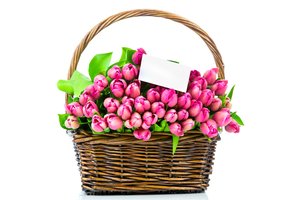 Обои на рабочий стол: pink, romantic, spring, tulips, букет, корзина, розовые тюльпаны, тюльпаны, цветы