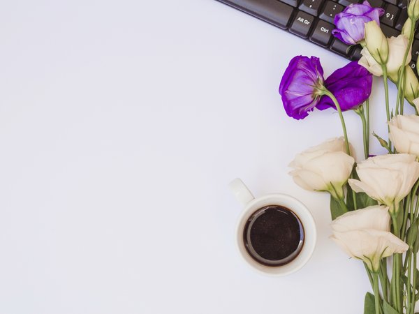 coffee cup, eustoma, flowers, laptop, purple, white, ноутбук, цветы, чашка кофе, эустома