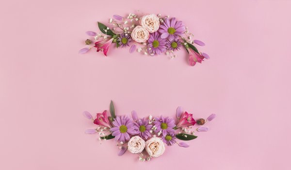 Обои на рабочий стол: composition, Floral, flowers, petals, pink, romantic, roses, лепестки, розовые, розовый фон, розы, цветы