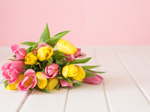 flowers, fresh, pink, spring, tulips, yellow, букет, весна, желтые, розовые, тюльпаны, цветы