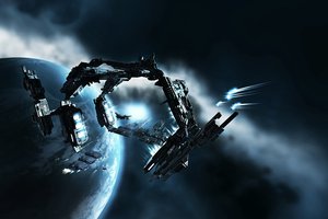 Обои на рабочий стол: eve-online, корабли, планета, туманность