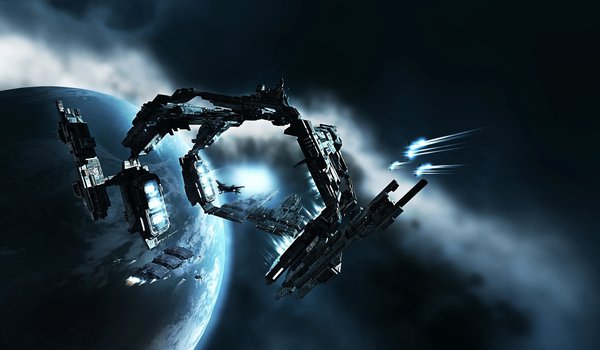 Обои на рабочий стол: eve-online, корабли, планета, туманность