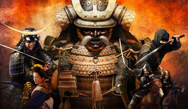 Обои на рабочий стол: shogun total war, wide wall, в маске, воины, всадник, девушка, желтый фон, катана, меч, ниндзя, обои, рога, самурай, япония