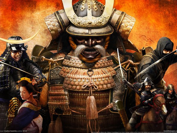 shogun total war, wide wall, в маске, воины, всадник, девушка, желтый фон, катана, меч, ниндзя, обои, рога, самурай, япония