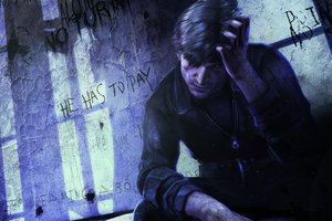 Обои на рабочий стол: murphy pendleton, silent hill downpour, арт, герой, главный, надписи, решетка, тени, тюрьма