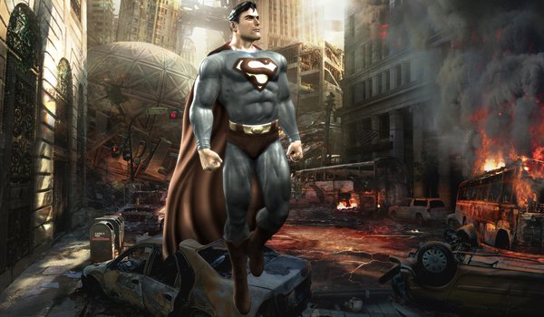 Обои на рабочий стол: mortal kombat vs. dc universe, superman, город, хаос