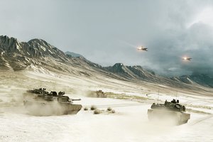 Обои на рабочий стол: 3, battlefield, битва, горы, дым, небо, песок, пустыня, самолёты, танки, трава