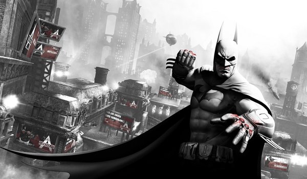 Обои на рабочий стол: arkham city, batman, бэтмен, город, готэм, дирижабль, кровь, кулак