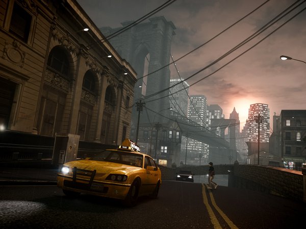 Grand Theft Auto IV, вечер, дождь, закат, мост, нью йорк, такси