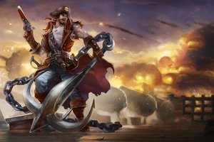 Обои на рабочий стол: Gangplank, league of legends, дым, корабль, мужчина, огонь, оружие, палуба, пират, пистолет, пушки, цепь, якорь