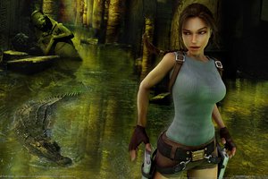 Обои на рабочий стол: crocodile, fire, game wallpapers, girl, guns, Lara Croft Tomb Raider: Anniversary, ruins, девушка, крокодил, лара крофт, оружие, Расхитительница гробниц, руины, статуи